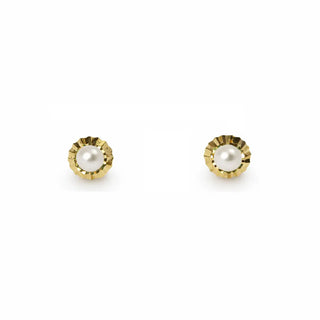 18K Yellow Gold Diamond Cut Small Pearl Screwback Earrings