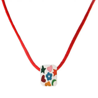 Sterling Silver reversible multi color enamel 15.50 inches red cord necklace