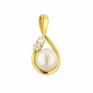 18K Solid Yellow Gold 5mm. Cultivated Pearl and Zirconias Pendant