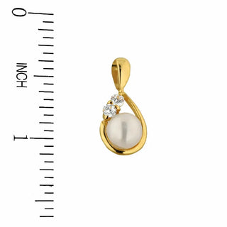 18K Solid Yellow Gold 5mm. Cultivated Pearl and Zirconias Pendant