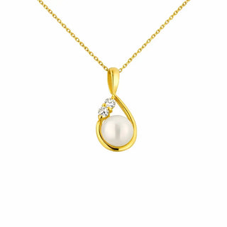 18K Solid Yellow Gold 5mm. Cultivated Pearl and Zirconias Pendant