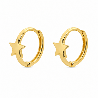 18k Solid Yellow Gold Small Star Hinged Hoop Huggie Earrings