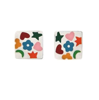 Sterling Silver Multicolor Enamel and Shapes Post Earrings