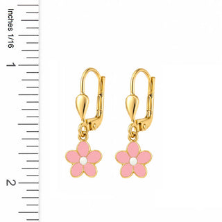 18K Solid Yellow Gold Pink Enamel Flower Lever Back Earrings