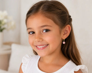 18K Solid Yellow Gold Pink Enamel Flower Lever Back Earrings