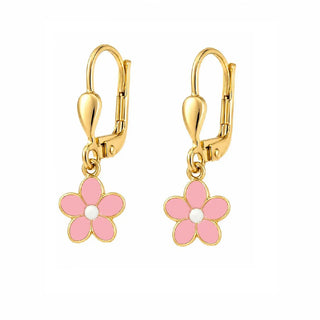 18K Solid Yellow Gold Pink Enamel Flower Lever Back Earrings