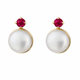 18K Yellow Gold Cultivated Pearl and Ruby Screwback Earrings
