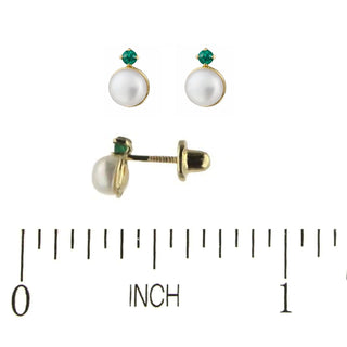 18K Yellow Gold Emerald and Pearl Screwback Girl Earrings