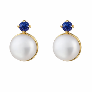 18K Yellow Gold Pearl and Sapphire Screwback Girl Earrings