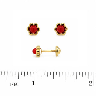 18K Solid Yellow Gold Coral Flower Stud Screwback Earrings