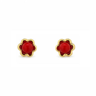 18K Solid Yellow Gold Coral Flower Stud Screwback Earrings