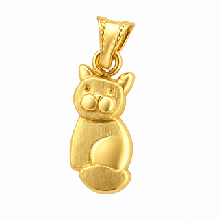 18K Solid Yellow Gold Satin Finish Puffy Cat Charm Pendant