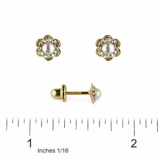 pr18K Yellow Gold Zirconia and Pearl Flower Screwback Earrings