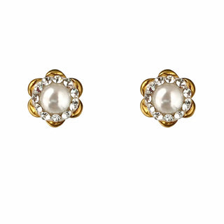 18K Gold Zirconia and Pearl Flower Screwback Earrings
