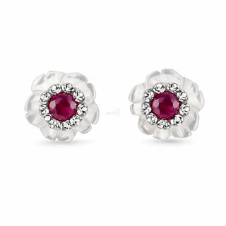 18K Gold Ruby Zirconia and Mother of Pearl Flower Earrings