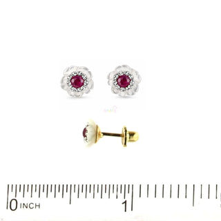 18K Gold Ruby Zirconia and Mother of Pearl Flower Earrings
