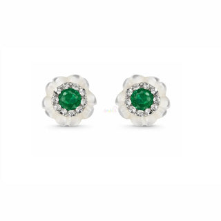 18K Gold Emerald Zirconia and Mother of Pearl Flower Earrings