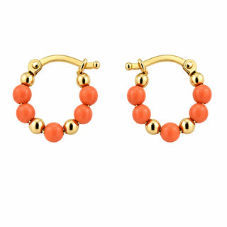 18K Solid Yellow Gold Coral and Gold Beads Hoop Earrings