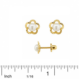 18K Gold Diamond Cut Flower with Pearl Screwback Earrings