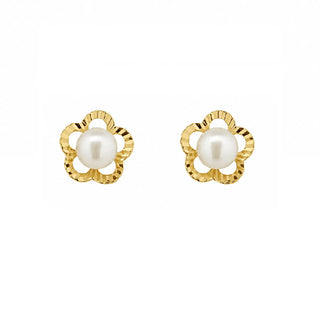 18K Gold Diamond Cut Flower with Pearl Screwback Earrings