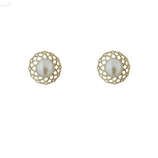 18K Solid yellow Gold Pearl Basket Screwback Earrings