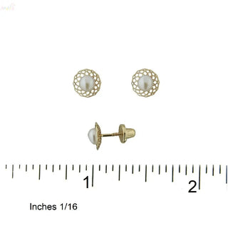 18K Solid yellow Gold Pearl Basket Screwback Earrings