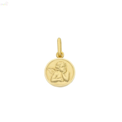 18K Solid Yellow Gold Polished Border Angel Medal 11 mm