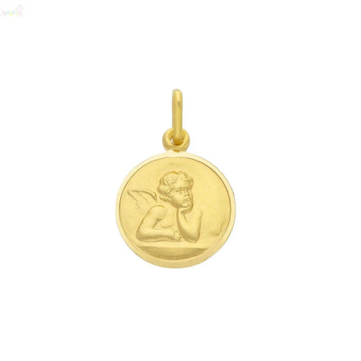 18K Solid Yellow Gold Polished Border Angel Medals 13 & 15 mm.