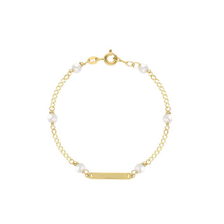 18K Solid Yellow Gold Girl Pearl ID Curb Chain Bracelet
