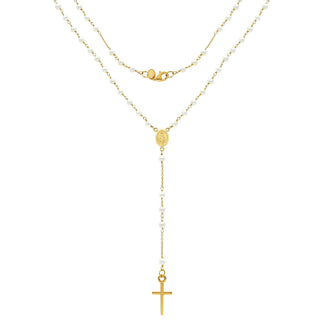 18k Solid Yellow Gold 3mm Cultivated Pearls Rosary Necklace