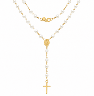 18k Solid Yellow Gold 3mm Cultivated Pearls Rosary Necklace
