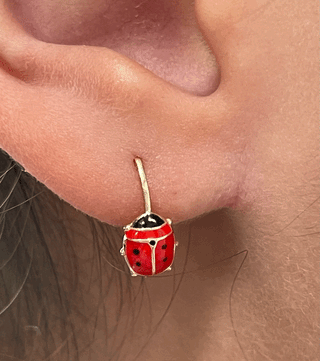 18K Solid Yellow Gold Red Lady Bug  Lever Back Earrings
