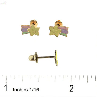 18K Solid Yellow Gold Enamel Shooting Star Earrings