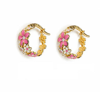 18K Soid Yellow Gold Pink Enamel Flower Hoops Earrings