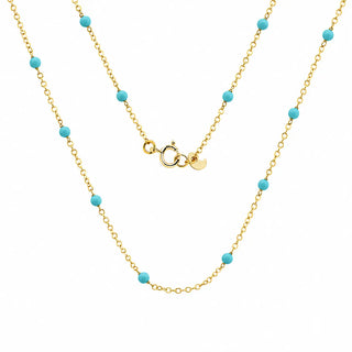 18K Solid Yellow Gold Turquoise Beads Chain Necklace spring ring clasp