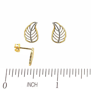 18 Karat Solid Two Tone Gold Open Leaf Post Earrings