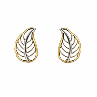18 Karat Solid Two Tone Gold Open Leaf Post Earrings