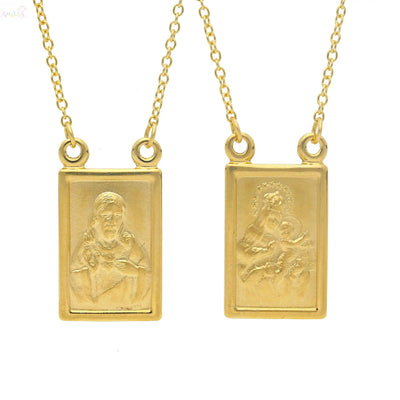 18 Karat Massives Gelbgold Rechteckiges Skapulier Großes Halsband