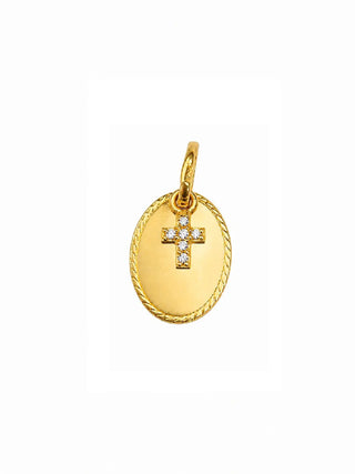 18K Solid Yellow Gold Oval Medal Pendant with Mini Zirconia Cross