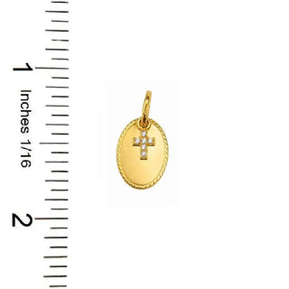 18K Solid Yellow Gold Oval Medal Pendant with Mini Zirconia Cross