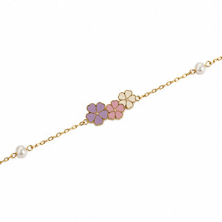 18K Solid Yellow Gold Enamel Flowers and Pearls Bracelet 
