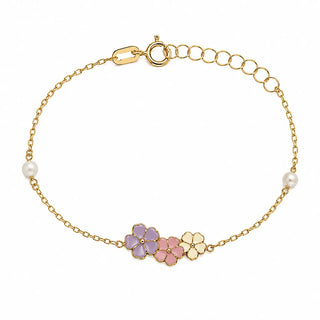 18K Solid Yellow Gold Enamel Flowers and Pearls Bracelet 