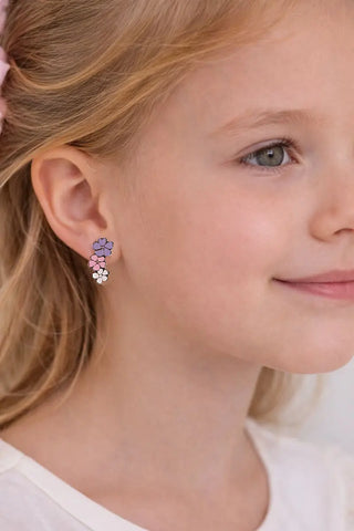 Boucles d'oreilles grimpantes fleurs lilas rose et blanches en or jaune 18 carats