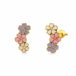 Boucles d'oreilles grimpantes fleurs lilas rose et blanches en or jaune 18 carats