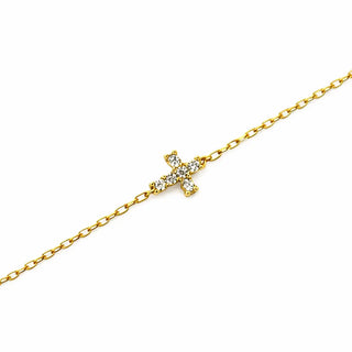 18K Solid Yellow Gold Tiny Zirconia Cross In-Line Bracelet
