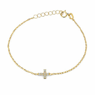18K Solid Yellow Gold Tiny Zirconia Cross In-Line Bracelet