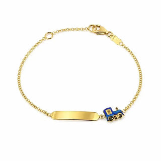 18k Solid Yellow Gold Blue enamel Train Id Bracelet