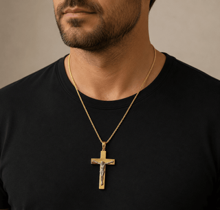 18k Solid Gold Two Tone Large Classic Men's Crucifix Pendant
