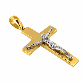 18k Solid Gold Two Tone Large Classic Men's Crucifix Pendant