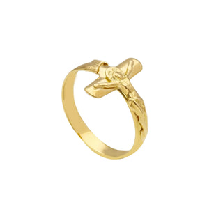18K Solid Yellow Gold Polished Crucifix Men’s Band Ring